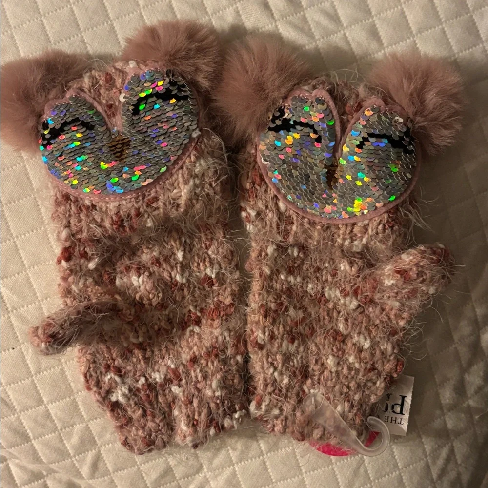 The Children's Place Pink Fuzzy Mittens with Sequin Hearts that reverse to sleep